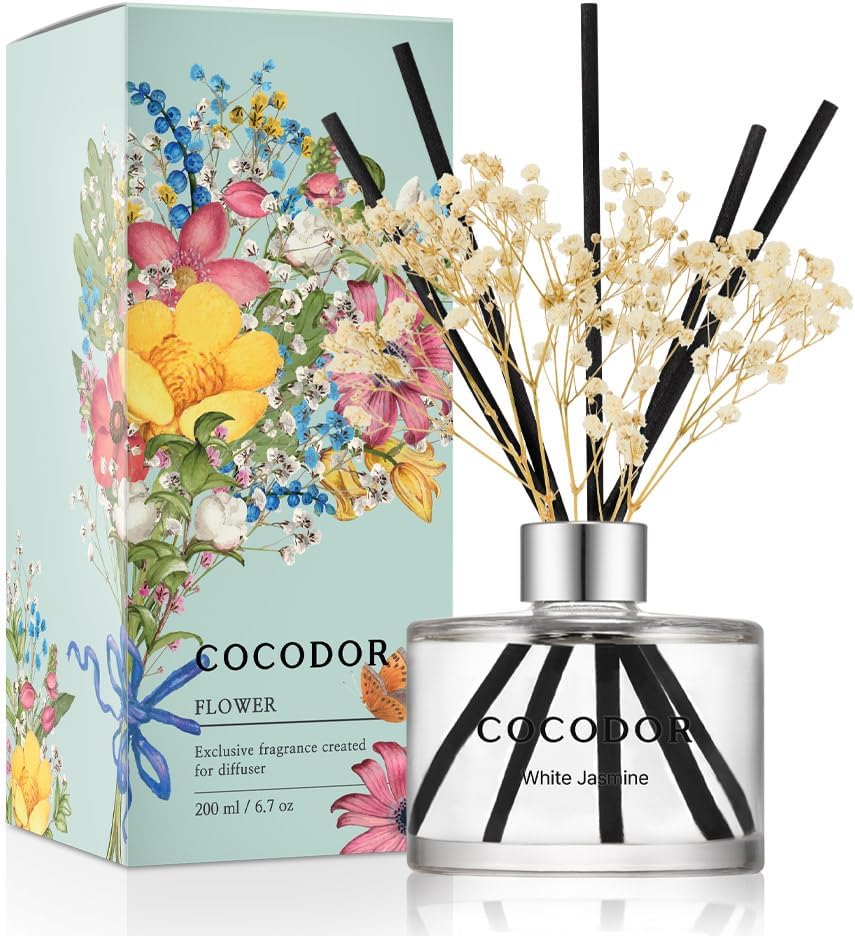 Flower Reed Diffuser Set / 6.7oz / White Jasmine/Scent Diffuser with Sticks Home Fragrance Reed Diffuser for Bathroom Shelf Decor White Jasmine Real Flower/6.7Ounce/1Pack