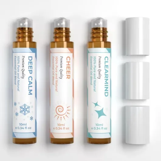 Essential Oil Set (Deep Calm, Cheer, ClearMind), Aromatherapy Roll On Blends for Massage, Body Care & Home Use, Great Fragrance Roller Gift for Men & Women