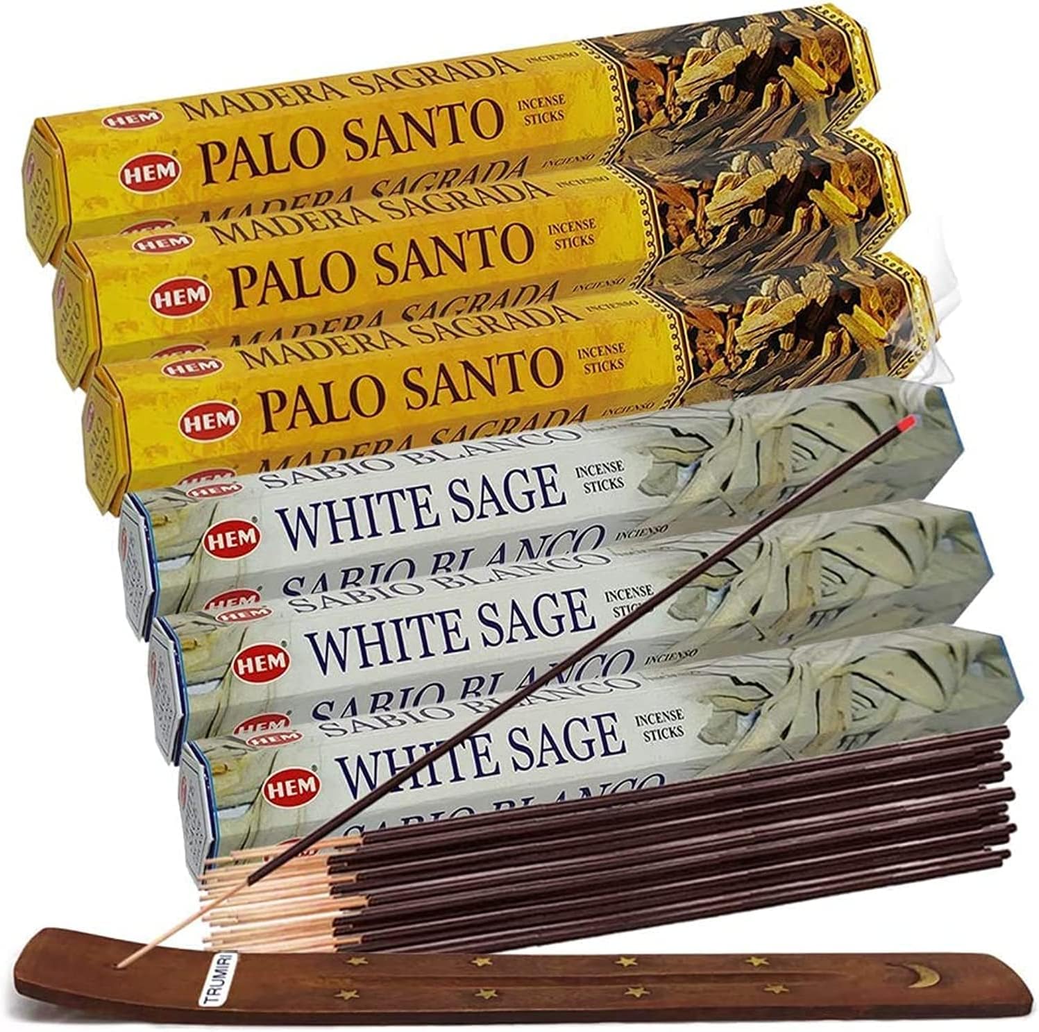 White Sage Incense Sticks and Hem De Palo Santo Incense Sticks with Incense Holder Bundle for Smudging Smudge kit Natural Inciensos Aromaticos Home Fragrance White Sage & Palo Santo