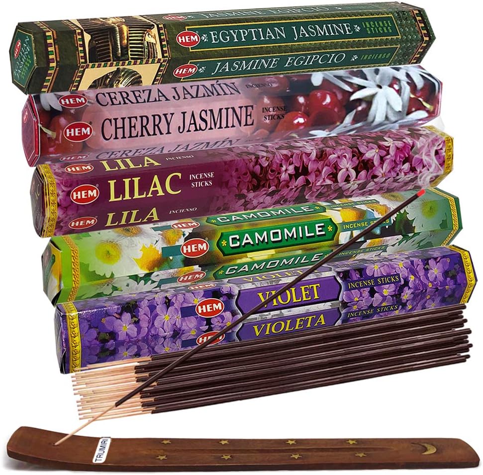 Incense Sticks Variety Pack #13: 5 Fragrances (Egyptian Jasmine, Cherry Jasmine, Lilac, Camomile, Violet) - 100 Sticks (20 of Each) with Holder Flowery Assort 1