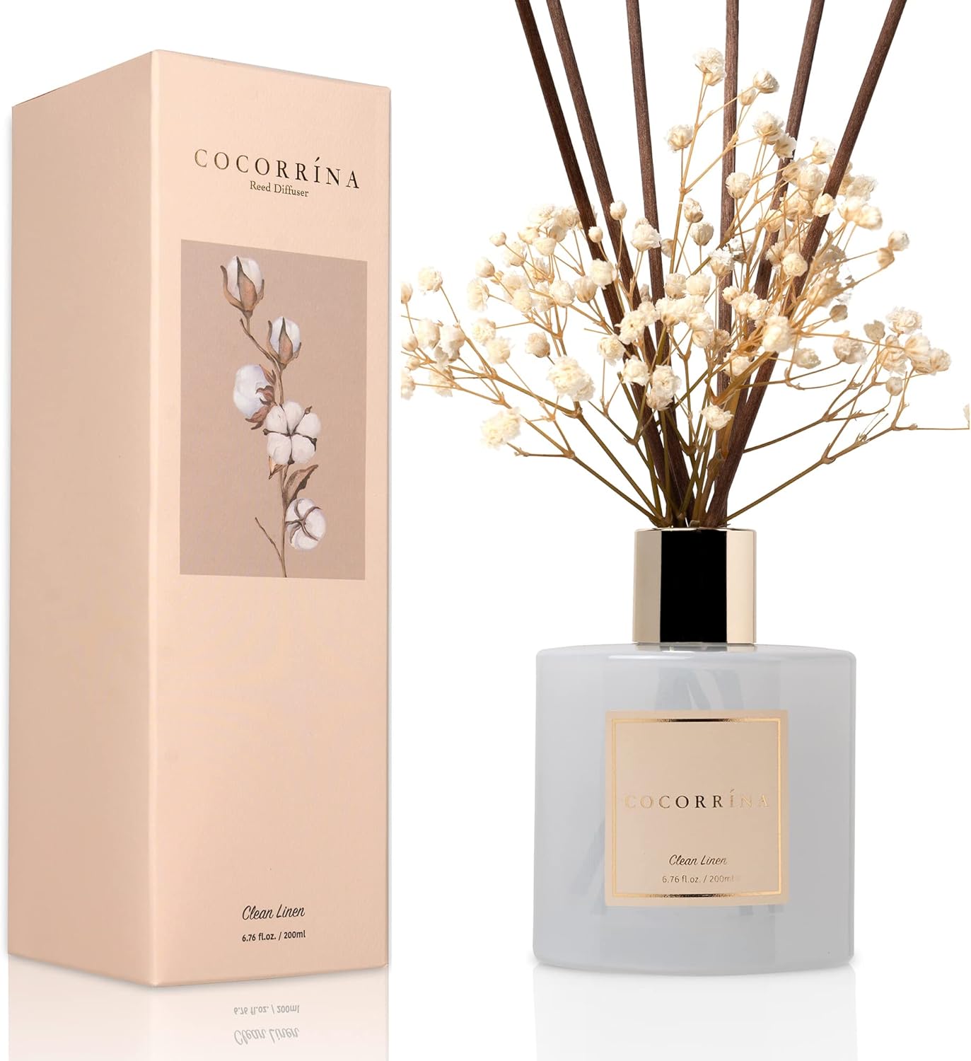 Cocorrína Reed Diffuser Set, Clean Linen 6.7 fl oz Scented Diffuser with Sticks Home Fragrance Reed Diffuser for Bathroom Shelf Decor Clean Linen - Flower 6.7 Ounce/1pack