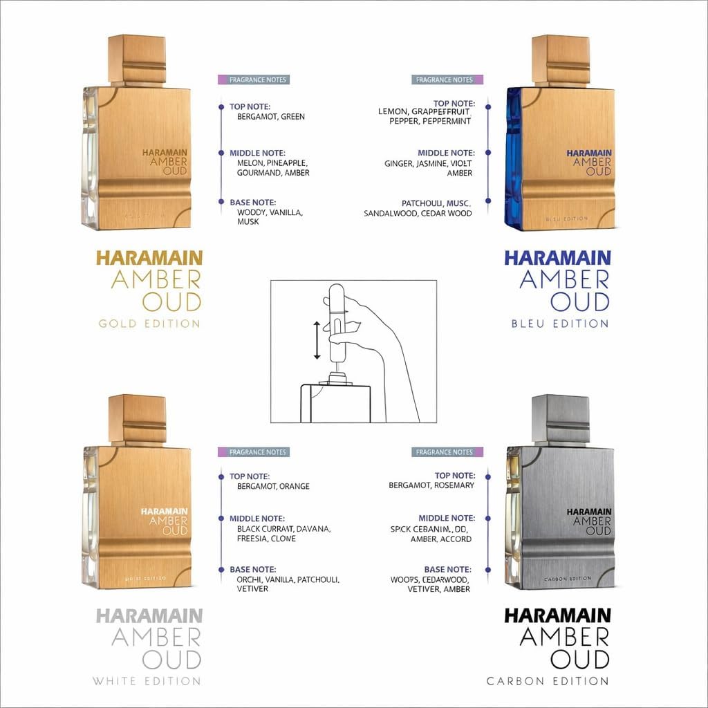 Al Haramain Amber Oud Gift Set 4×60ml – Includes Travel Atomiser - Luxury Unisex Arabic Perfume Collection with Gold, Bleu, White & Carbon Editions - Arabian Oud & Amber Fragrances for Men & Women Amber Oud 60ml Giftset