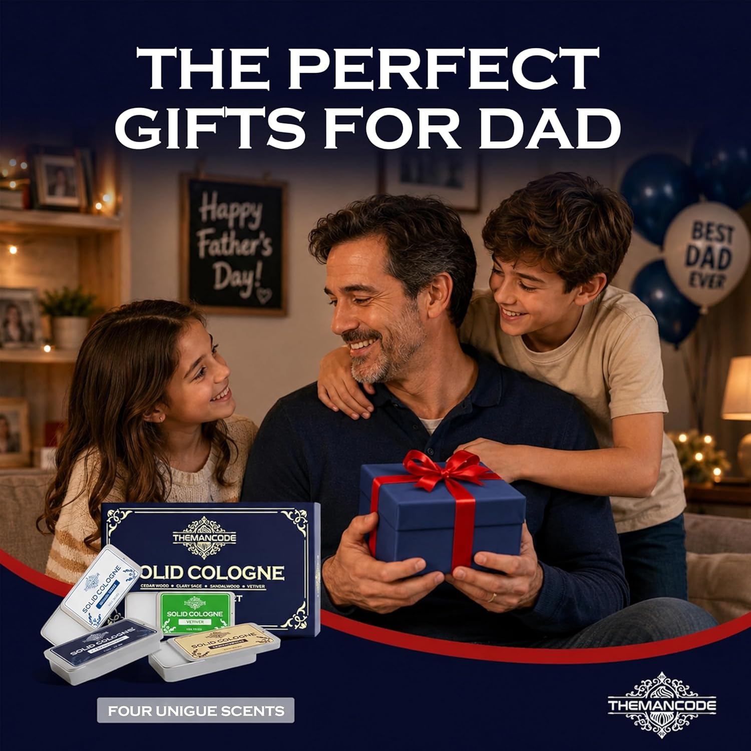 THEMANCODE Solid Cologne Men, Father Day Gifts for Men Dad Grandad from Daughter Son, Solid Perfume with Sandalwood, Vetiver, Cedarwood, Sage Scents, 4 Pack